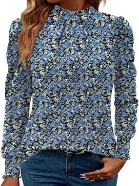 Luyaa Mock Neck Puff Shoulder Floral Long Sleeve. Size S